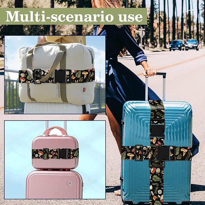 Mushroom Luggage Straps for Suitcases TSA Approved, Luggage Identifiers for Suitcase, Adjustable Suitcase Strap for Baggage Security with Cute Patten, Travel Necessary Accessories (2Pack)