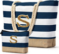 Becokan Beach Bag Initial Beach Tote with Makeup Bag for Travel Work Storage Personalized Birthday Gifts for Women Her