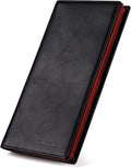 VISOUL Mens Leather Long Bifold Checkbook Wallets with RFID Blocking, Contrast Colors Breast Pocket Tall Billfold Secretary Wallet for Men with Card Slots (Black and Burgundy)