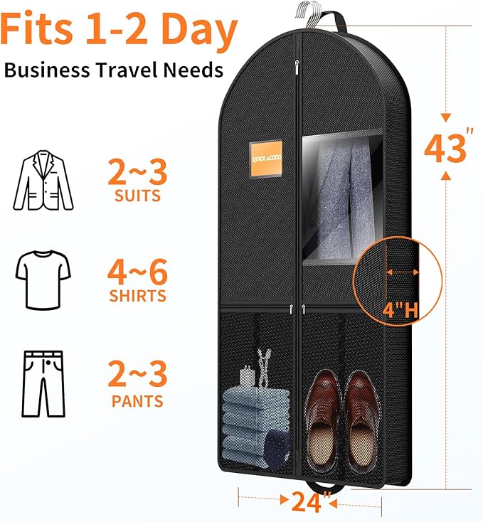 Travel Garment Bag Suits Clothes : 43 Inch 5 Packs Lightweight Breathable Zippered Black Fabric - Clothes Carry Short Men - Wardrobe Carry Coat Jacket Uniform Tuxedo Shirt