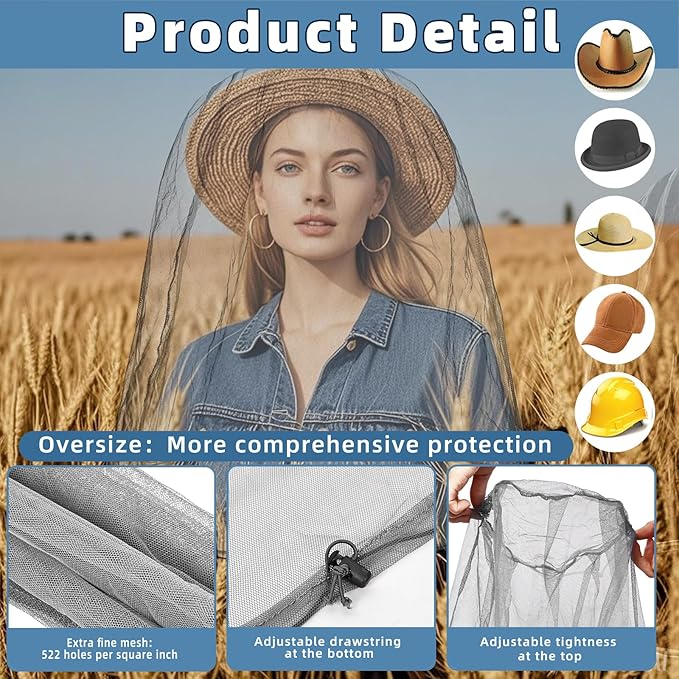 Oversized Mosquito Net 42 x 25 Inches Ultra Large Mosquito Head Net Face Neck Fly Mesh Netting Fits All Hats for Outdoor Camping Hiking Fishing Gardening Safari(Light Gray)