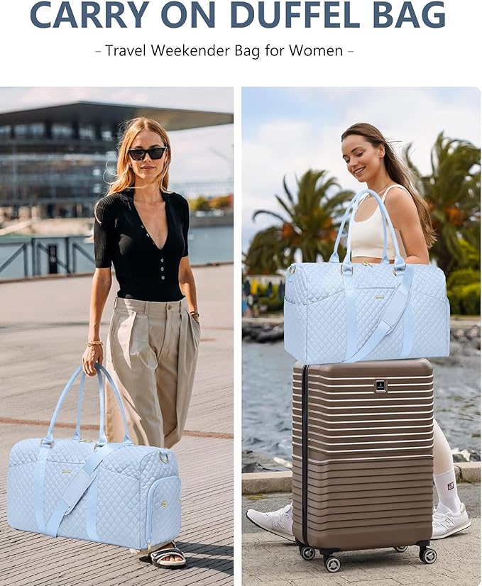 Women Duffle Weekender Travel Bag: Large Duffel Bags with Shoe Compartment Carry On Overnight Tote with Wet Pocket Traveling Weekend Gym Yoga Hospital Bag for Womens Light Blue