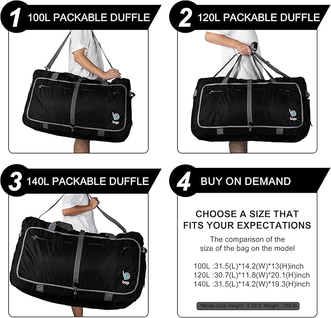 Bago Big XXL Foldable Duffel Bags for Traveling Women & Men - 140L Packable Duffle Bag for Travel with Shoe Compartment - Water Repellant, Heavy Duty, Lightweight Folding & Collapsible (SnowGray)