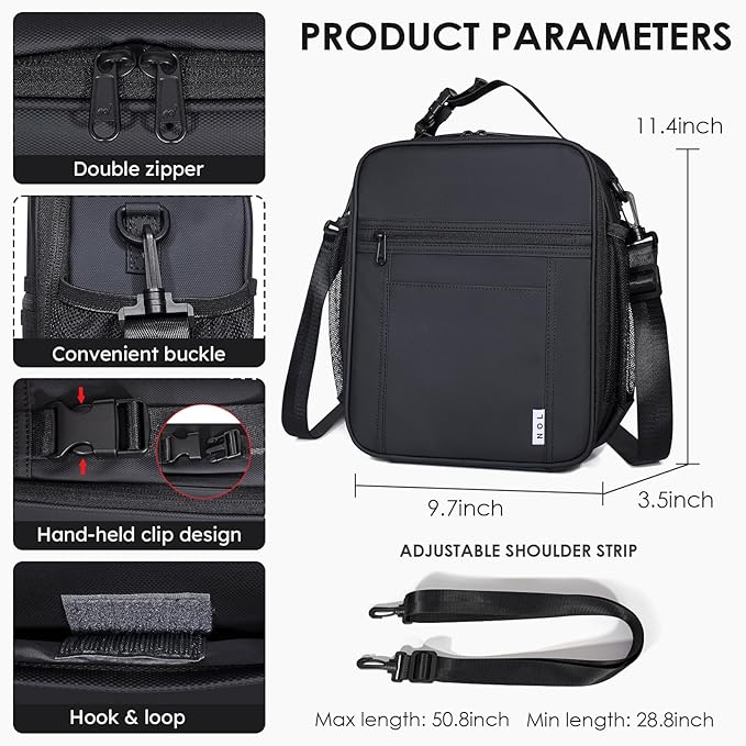 NOL Nylon Waterproof Kids Lunch Bag, Insulated Lunch Bag, Lunch box Cooler, Reusable, Zip Closure with Buckle Handle Holds Lunch Box, Snacks & Water Bottle for School Work,Black