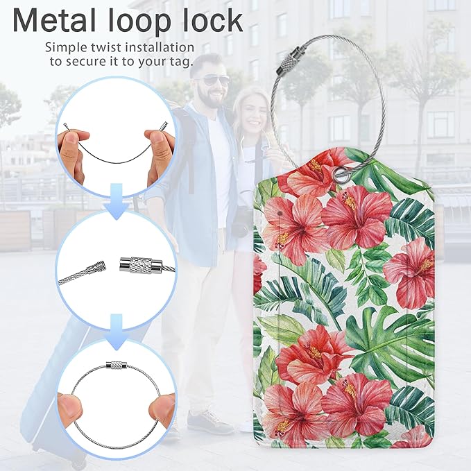 Tropical Palm Leaves Luggage Tags for Suitcase,Hibiscus Flowers Luggage Tags of Set 2 Leather Identifiers Privacy Cover with Stainless Steel Loop for Women Men Travel Bag Suitcase