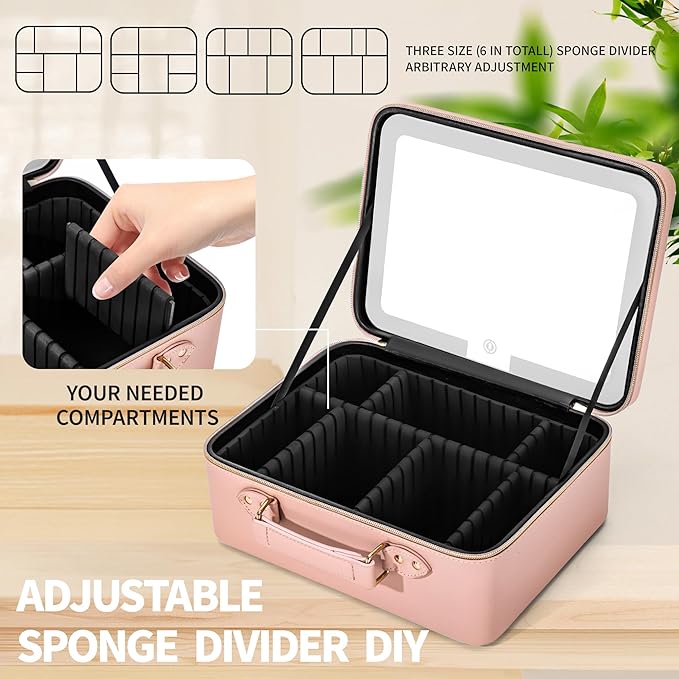 Makeup Bag with LED Mirror & Magnifier, Large Cosmetic Organizer Travel Makeup Case with Adjustable Brightness & 6 Detachable Dividers, Portable Makeup Storage for Women Girls (Pink)