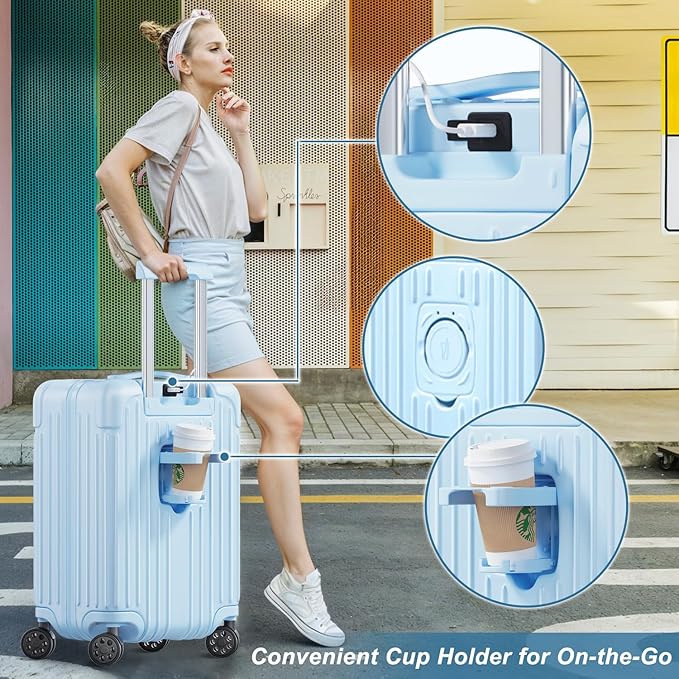 Krute Luggage Sets 2 Piece Suitcase with Spinner Wheels PC+ABS Hardside Suitcases Charging Port TSA Lock Carry On Luggage with Cup Holder 20+28 Inch