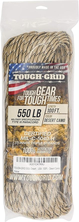 TOUGH-GRID 550 Paracord Rope Nylon Parachute Cord, Made in USA Survival Kit, Outdoor Adventures, Camping, Tactical Gear & Emergency Supplies, Military Type III Mil-Spec