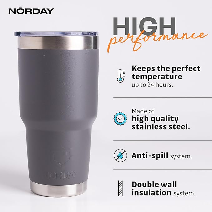 NORDAY | Tumbler with Lid - 30oz - Grey Insulated Tumbler - Stainless Steel Tumblers - Double Wall Vacuum Insulated Travel Coffee Mug for Car Cup Holder - Keeps Temperature for 24hr - Anti Spill Lid