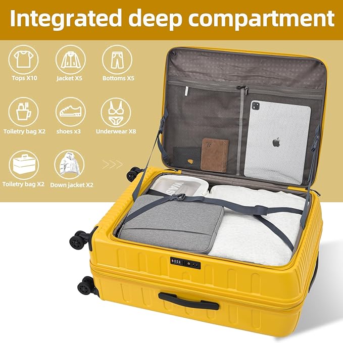 2 Pieces 19/29 Luggage Sets, 19 Inch Carry On Luggage with Front Pocket & 29 Inch Side Opening Suitcase, Ligthweight ABS+PC Hardshell, TSA Lock & YKK Zipper with HINOMOTO 360° Wheels, Yellow