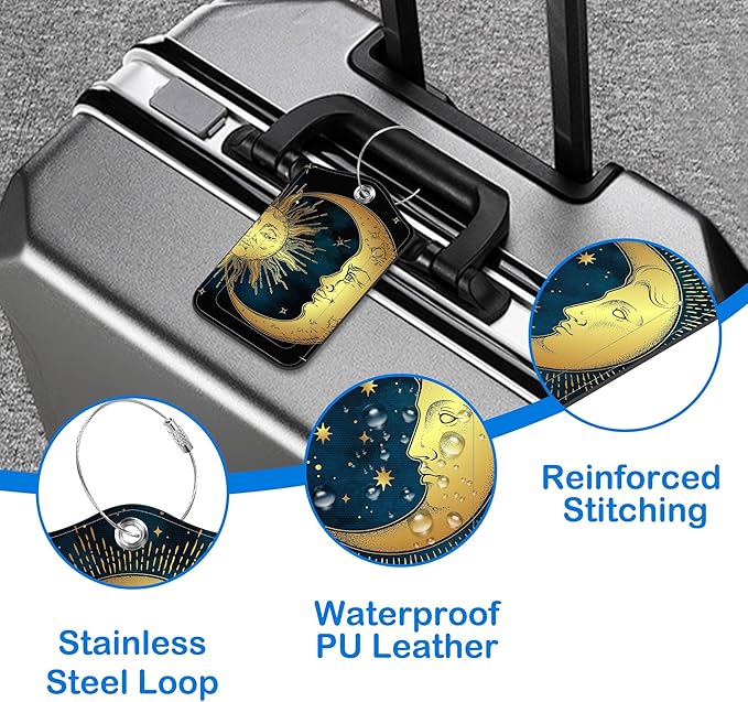 Moon Sun Star Luggage Tags for Suitcases Astrology Phases Leather Travel Tags for Luggage ID Label with Privacy Cover and Stainless Steel Loop for Men Women Suitcase Backpack, Set of 2
