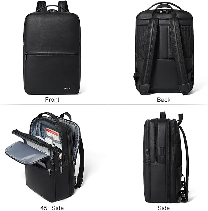 Vegan Leather Laptop Backpack for Women&Men,16 Inch Expandable Backpack with USB Charging Port,Two-toned Black