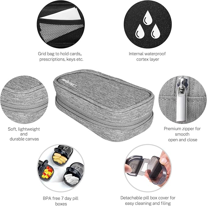 Serfeymi Weekly Travel Pill Organizer 2 Times A Day AM PM Upgraded Black Pill Box 7 Day with Portable Zipper Canvas Pill Case, Medicine Organizer for Pills, Vitamins, Supplements, Fish Oils - Grey 01