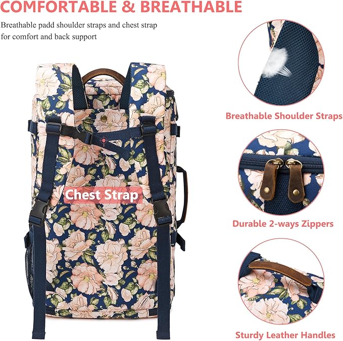 G-FAVOR Travel Backpack for Women, 40L Carry On Backpack Flight Approved Convertible Duffel Bag Backpack Fit for 17.3 Inch Laptop Bag, Floral