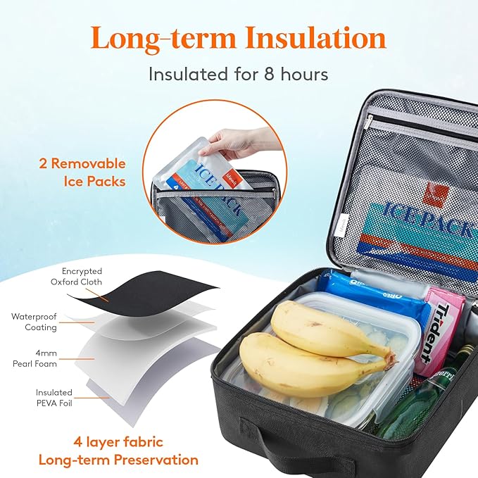 Lifewit Freezable Lunch Box, Insulated Reusable Lunch Bag with 2 Ice Packs, Mini Cooler Snack Bag for Bento Box for Salad, Sandwich, Snacks fo Men Women for Work, Black 8L