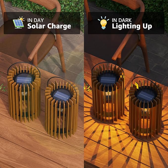 2 Set Solar Lantern Outdoor Rattan Lamp Outside Lights Hanging LED with IP44 Rating for Patio Garden Decor Porch Yard Table Top Decorative Tree Home