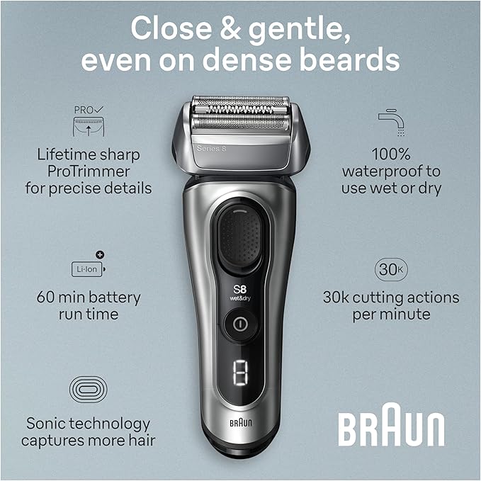 Braun Series 8 Electric Razor for Men, with 4+1 Shaving Elements & Precision Long Hair Trimmer, Close & Gentle Even on Dense Beards, Wet & Dry Electric Razor with 60min Runtime, 8517s Galvano Silver