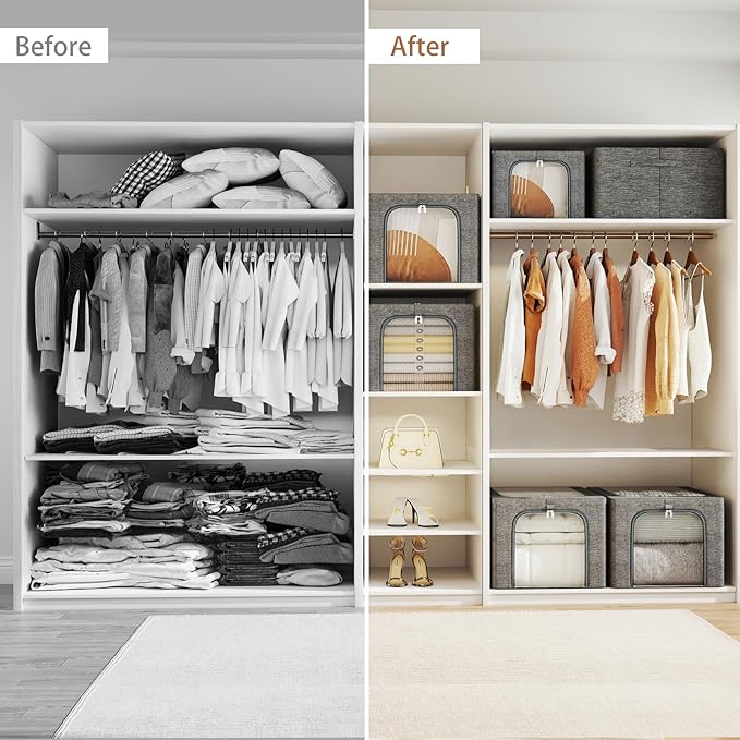 GoMaihe Clothes Storage Bins Metal Frame: 3-Pack Compact Stackable Closet Storage Bin with Lid & Clear Window, Space Saving Organizer for Sweaters Kids Clothes (Dorm/Closet 27L)