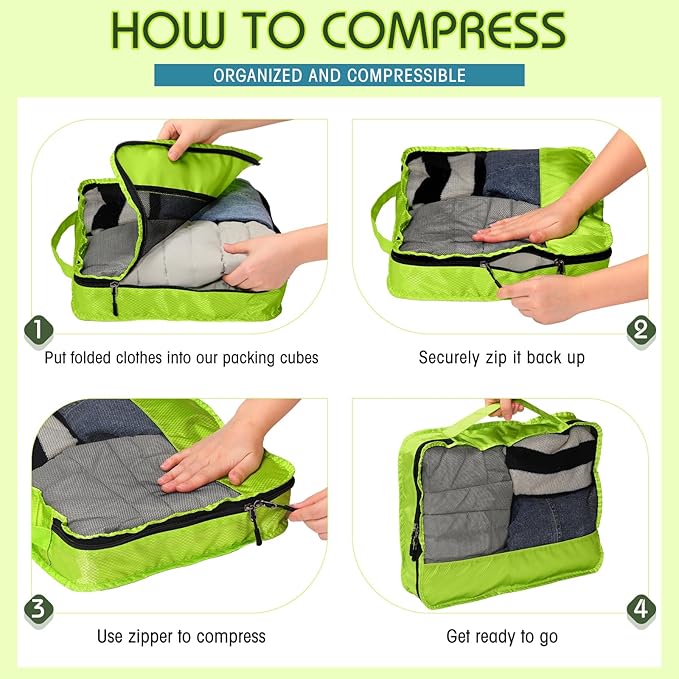 5 Pcs Packing Cubes for Suitcase Large Travel Cubes Carry on Luggage Organizer Bags for Clothes Accessories(M,Green)