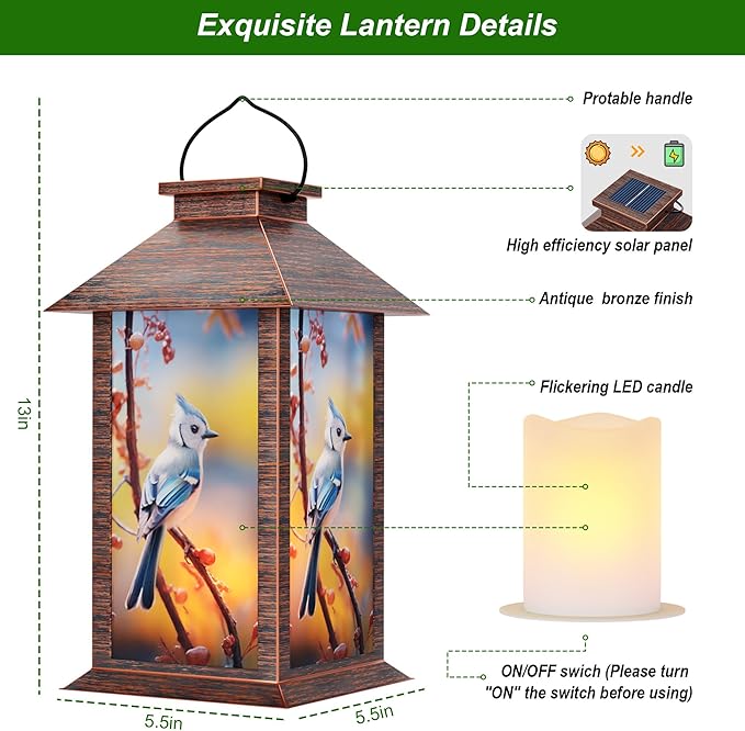 Outdoor Solar Lanterns, Waterproof Blue Jay Hanging Lantern with Flickering LED Candle, 13'' Bird Outdoor Solar Powered Lantern Decor for Porch Patio Garden Balcony Pathway, 1 Pack