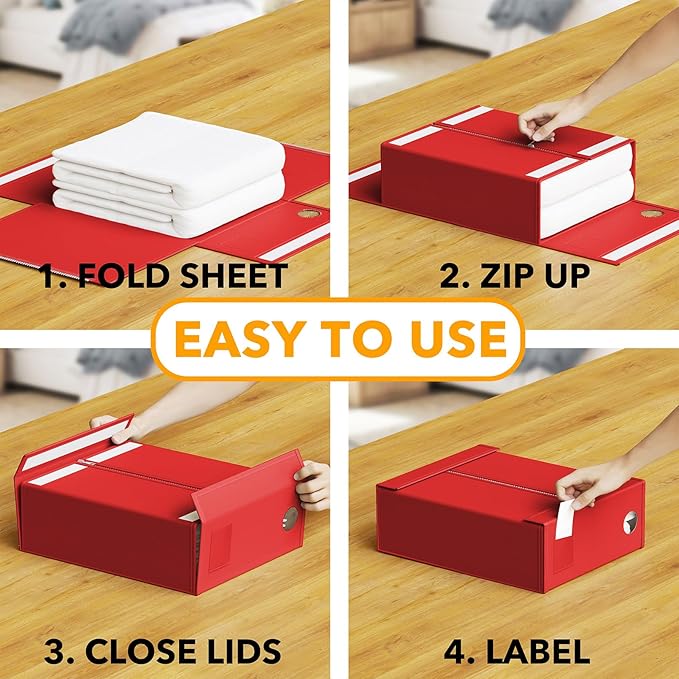 SpaceAid 3 Pack Bed Organizers and Storage, Foldable Sheet Organizer for Linen Closet, Set Folder Keeper With Window XL (Queen & King Size) Bedding Container (Red)