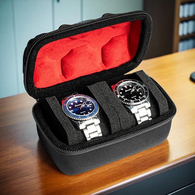 Hard Compact Watch Roll travel case, 2 Slots Portable holder and Organizer with Soft Pillow, keep watch from moving Deluxe red Lining (fit up to 55 mm)