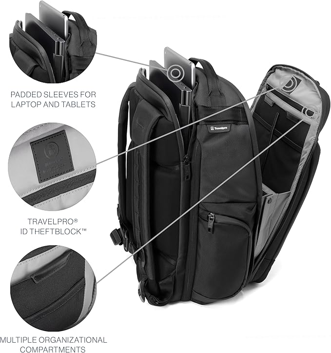 Travelpro Altitude Large Expandable Travel Laptop Backpack 30-36L, 16 Inch Laptop, Water Resistant, Work, Business, Men and Women, Jet Black