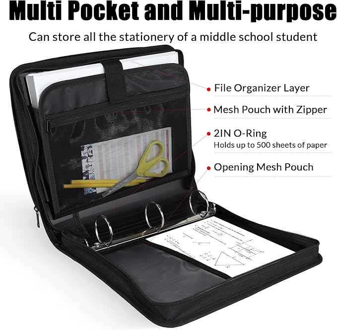 SUNEE Zippered Binder Bag with Handle, 2-Inch 3-Ring O-Ring, 500-Sheet Capacity, Includes Zip Pocket, 5-Tab Expanding File Folder, Multi-Pocket Organizer Binder Suitable for Middle School, Black