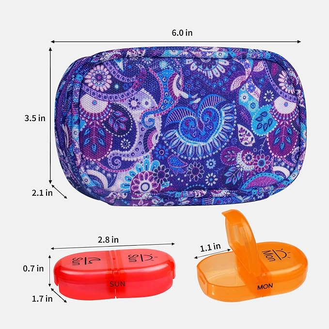 Serfeymi Weekly Travel Pill Organizer 2 Times A Day AM PM Rainbow Pill Box 7 Day with Zipper Canvas Pill Case, Medicine Organizer for Pills, Vitamins, Fish Oils - Green 01+ Purple 01