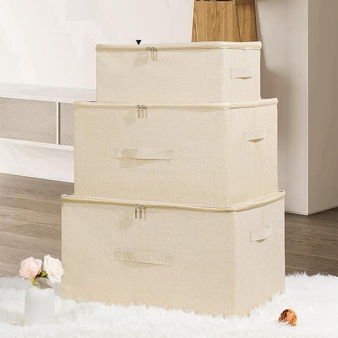 ANMINY Storage Bins with Zipper Lids 51.9 Qt Lidded Fabric Storage Boxes Baskets Cubes with Handles Collapsible Washable Cotton Linen Closet Shelf Clothes Organizer - Beige, Extra Large