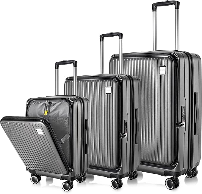 Luggage Sets 3 Piece, ABS Lightweight 20in/24in/28in Luggage, Expandable Carry On Suitcase Set with TSA Lock & Double Wheels, Front Open Hardshell Luggage Sets (Grey)