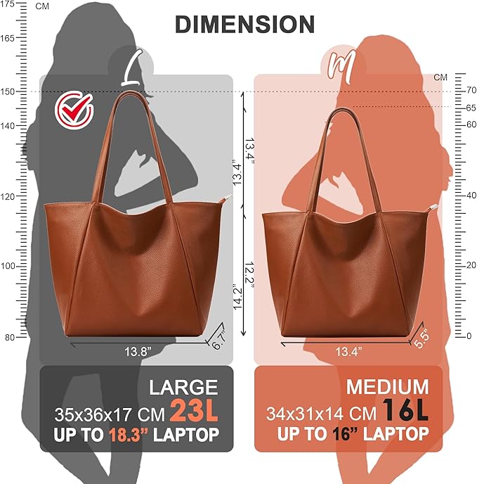KALIDI Large Tote Bag Vegan Leather Casual Zipper Work Bag Weekender Hobo for Women 23L Oversize Shoulder Travel Purse