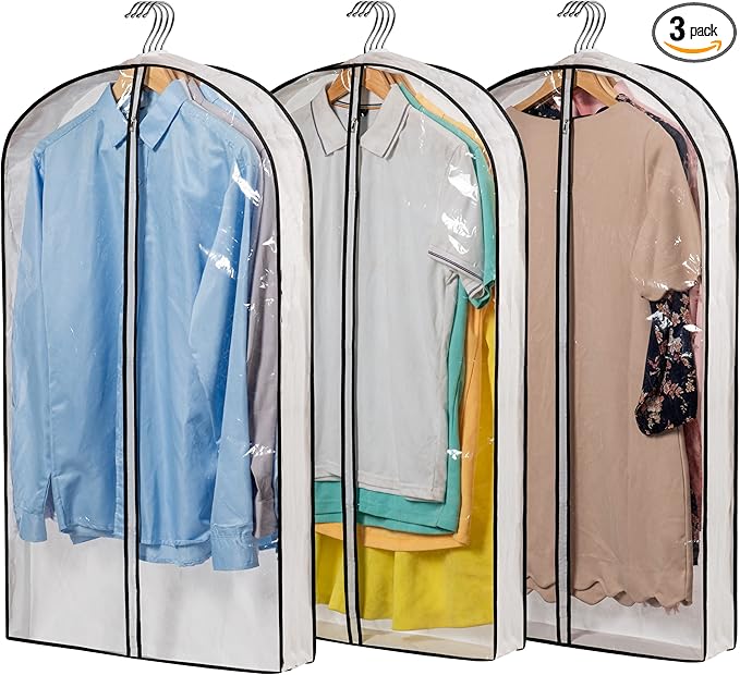 Clear Plastic Hanging Clothes Bags with 4" Gusseted Garment Bags for Storage, Suits, Coats, Sweaters, Shirts - 24" x 40" x 4"",3 Pack