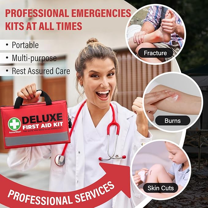380 Pieces Deluxe First Aid Kit Compact Trauma Medical Kits with Assorted Bandages, Instant Cold Pack, Emergency Blanket for Home, Travel, Camping, Vehicle, Emergency Kits(Red)