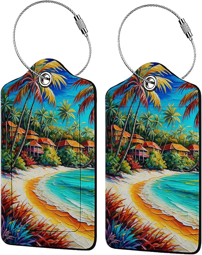 Seaside Town 2-Pcs Premium Leather Tags with Privacy Covers,Luggage Tag Stainless Steel Loops Ideal for Suitcases, Travel Bags, Backpacks