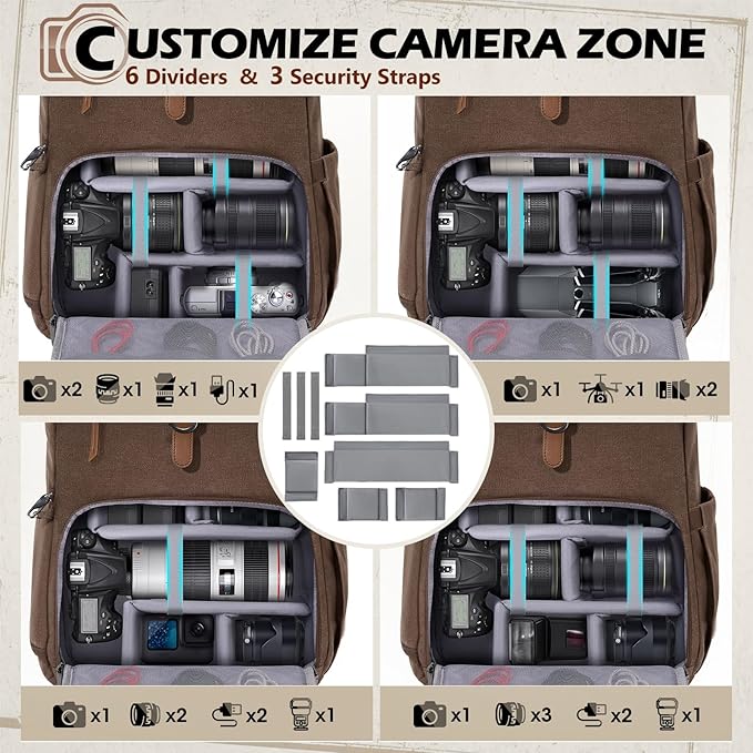 RAINSMORE Camera Bag Backpack for DSLR/SLR Mirrorless 15.6 Inch Laptop Camera Back Pack for Photographers Anti-Theft Photography Bags Case with Tripod Holder & Rain Cover, Coffee
