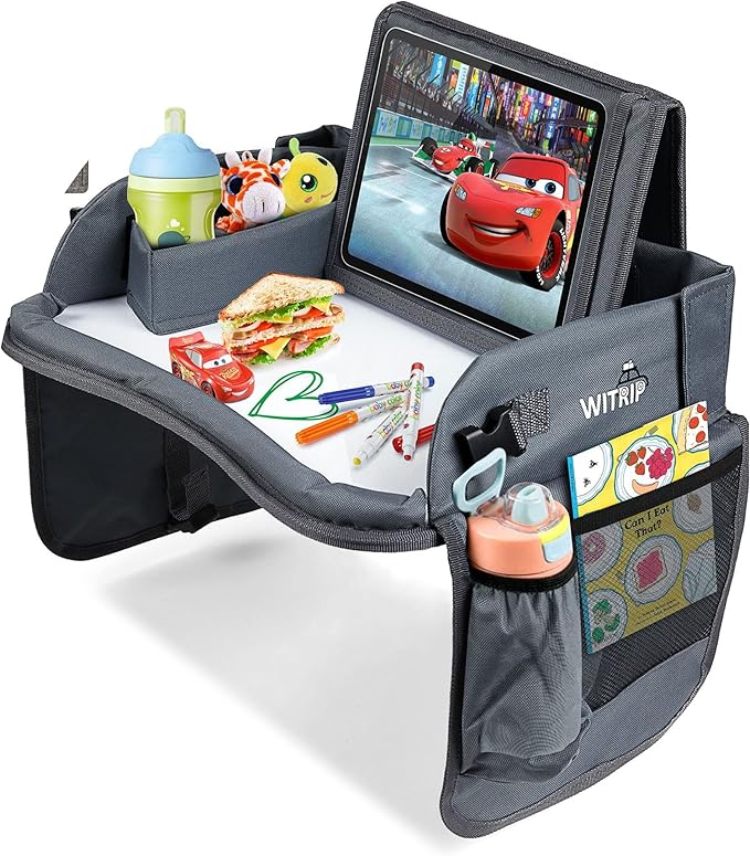 Kids Travel Tray with Dry Erase Board - Car Seat Tray for Kids Travel, Carseat Table Top for Toddler, Lap Desk for Car Seat, Activity Organizer & Snack Holder, Road Trip Essentials for Kid (Gray)