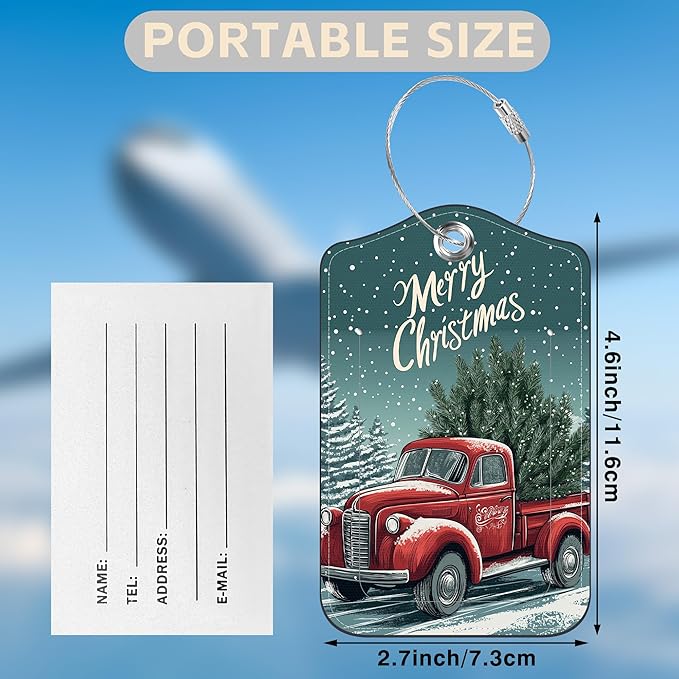 Red Truck Carrying Christmas Tree Set of 2 Luggage Tags for Suitcases Leather Suitcase Tags Identifiers with Privacy Name Label and Stainless Steel Loop for Women Men Travel Luggage Accessories