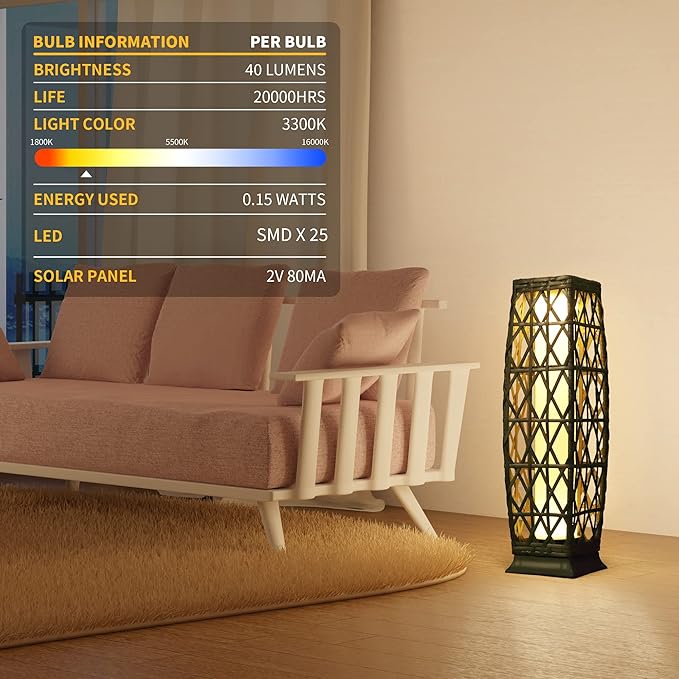 Solar Floor Lamp,Outdoor Floor Lamp,Solar Lanterns Outdoor Waterproof,Solar Powered Resin Wicker Lamp,Weather-Resistant Rattan Deck Light for Porch, Garden,Patio,Deck