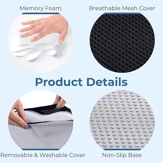 Seat Cushion for Office Chairs - Fits 18"x14" Seats, Tailbone, Coccyx Pain Relief - Butt, Pressure & Sciatica Relief - Gaming, Wheelchair, Car & Desk Pillow, Black