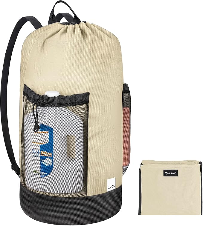 BALEINE 120L Laundry Bag Backpack, 900D Oxford Fabric Large Travel Laundry Bags with Shoulder Straps and 2 Mesh Pockets for College Dorm, Apartment, Laundromat (Beige, 120L)
