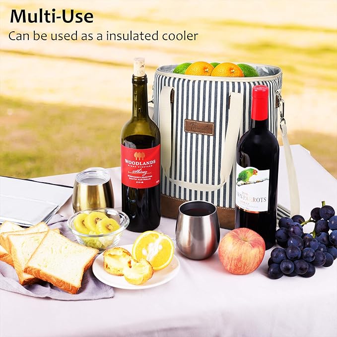 Tirrinia 6 Bottle Wine Cooler Bag - Blue Stripe, Padded & Thermal Insulated, Leakproof, Multi-Use, On-The-Go Design