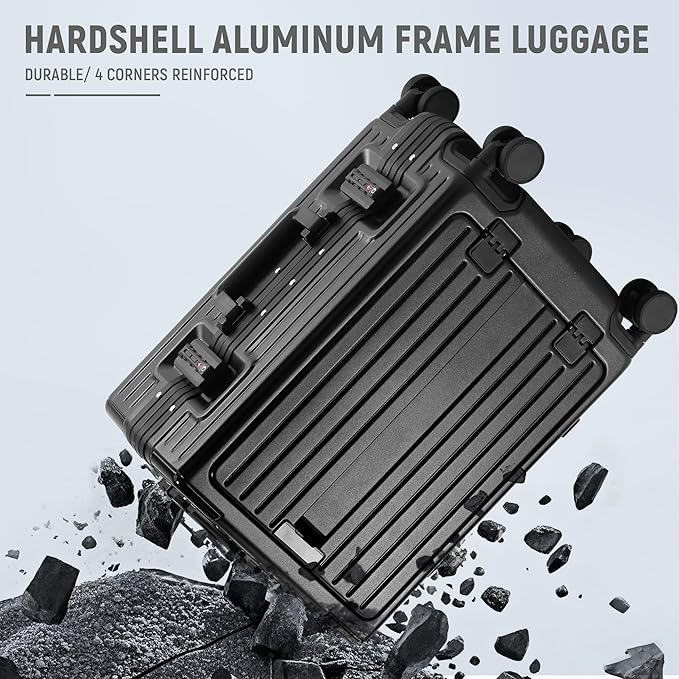 UrbanExplorer 20 Inch Carry On Luggage TSA Approved, Aluminum Frame Zipperless Luggage Carry On with Compartment for Short Trips, ABS+PC Hard Shell Suitcases with Spinner Wheels, Black