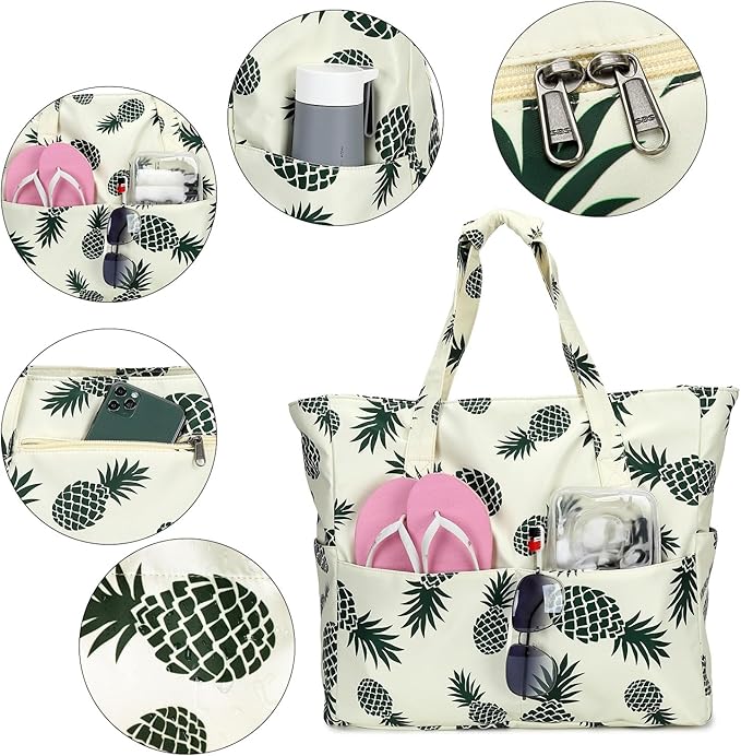 LEDAOU Large Beach Tote Bag Women Waterproof Sandproof Zipper Beach Tote Bag for Pool Gym Grocery Travel with Wet Pocket