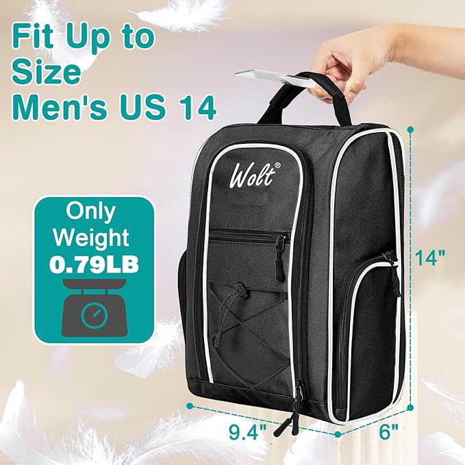 Wolt |Golf Shoe Bag for Travel- Zippered Shoes Carrier Bags with Ventilation & Double Outside Accessory Pocket for Socks, Tees, Golf Balls, etc. for women and men (Black)