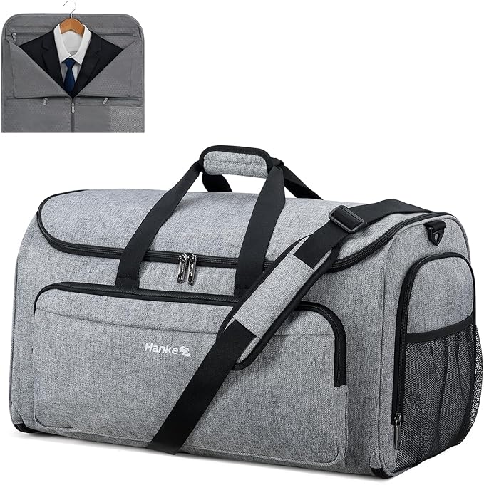 Hanke Carry on Garment Bags for Travel,Convertible Duffle Bag Luggage Bag Weekend Bag with Shoe Compartment,2 in 1 Hanging Suitcase Suit Bag for Men Women,Light Grey