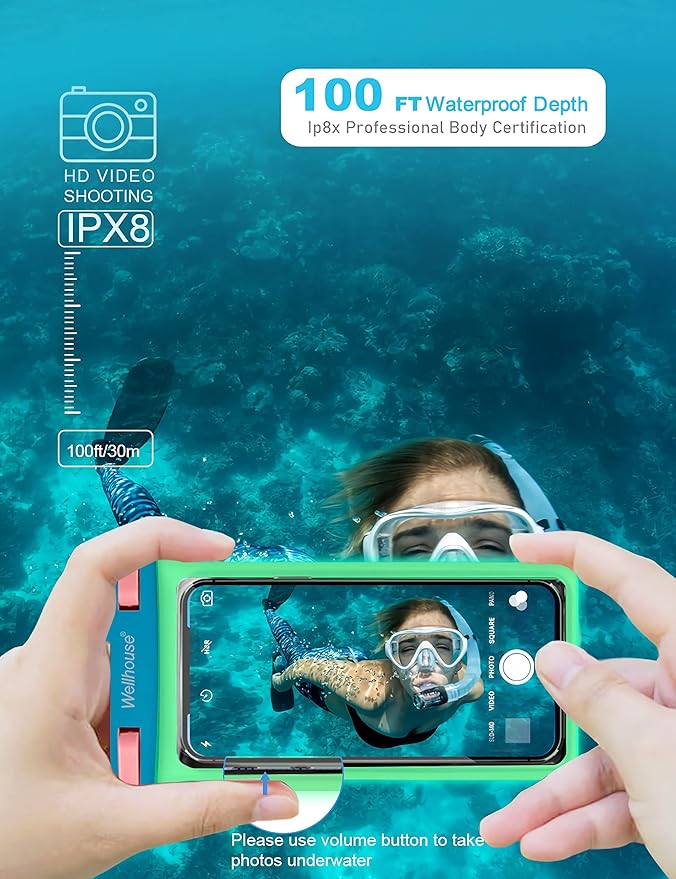 wellhouse Waterproof Phone Pouch, Waterproof Phone Case for iPhone 16 15 14 13 12 Pro Max XS Samsung, IPX8 3D Cellphone Dry Bag Beach Essentials (1 Pack - Luminous Blue7.0, 7 inch)