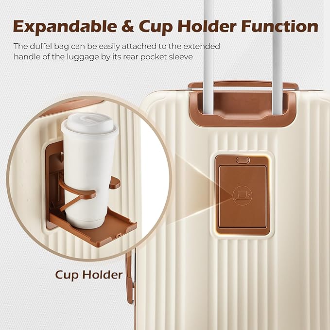 Luggage Set with PC+ABS Hardshell TSA Lock Spinner Wheels Carry on Lightweight Suitcase，YKK Zippers,Cup Holder(Beige, Carry-on 20 Inch)