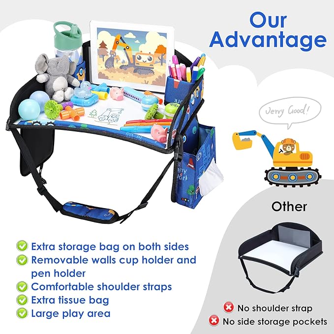 2PCS Kids Travel Tray for Airplane - Toddler Car Seat Table Tray, Road Trip Essentials for Boys & Girls, Carseat Lap Desk for Kids Road Trip Activities (Dark Blue Car/Purple Mermaid)