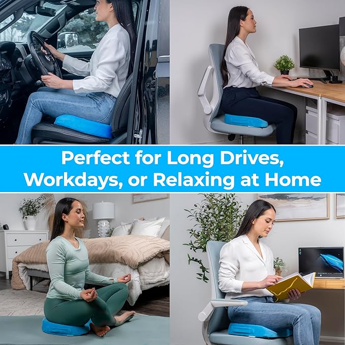 LuminaRest® Gel Seat Cushion for Tailbone Pain Relief – CertiPUR-US® Certified Memory Foam Office Chair Cushion, Car Seat Cushion for Sciatica & Back Support – Ergonomic U-Shaped Design (Blue)